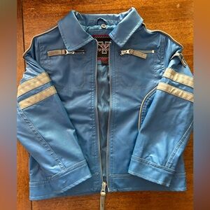 Toddler leather jacket size 4T light blue with grey accents.